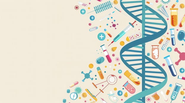 A double helix DNA strand is surrounded by various medical icons representing research tools and laboratory equipment essential for scientific discovery.