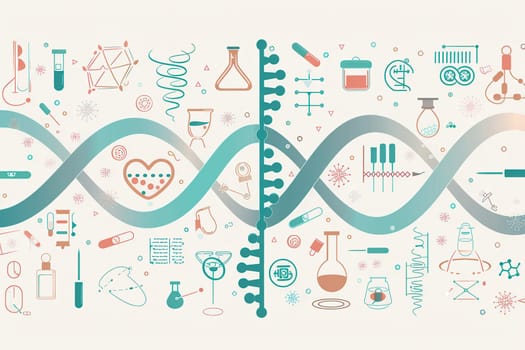 A double helix DNA strand is highlighted amidst various medical icons, showcasing scientific elements like microscopes, test tubes, and stethoscopes.
