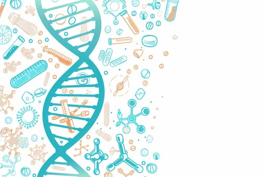 A double helix DNA strand is surrounded by various medical icons representing research tools and health-related elements.