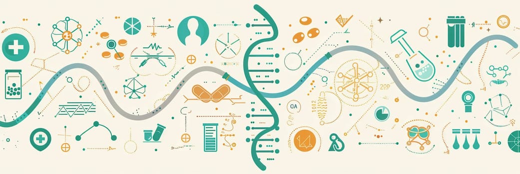 A double helix DNA strand is surrounded by medical icons, including microscopes, test tubes, and stethoscopes, highlighting the intersection of genetics and healthcare.