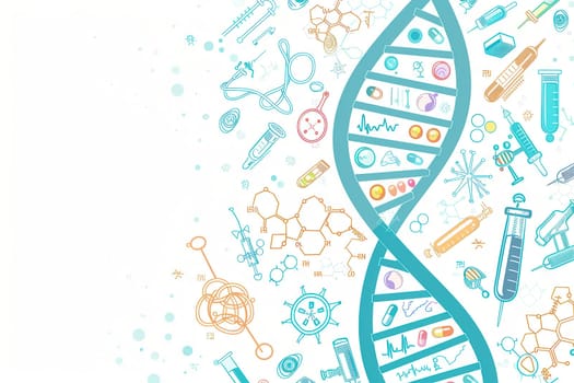 A double helix DNA strand is depicted alongside various medical icons, illustrating the connection between genetics and health science.
