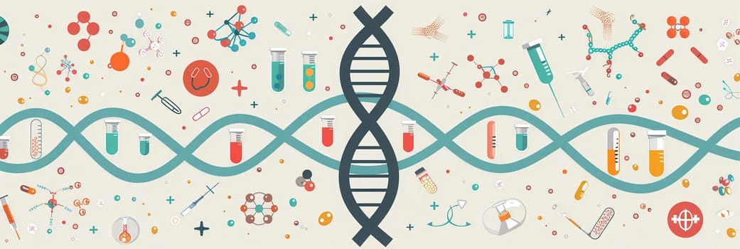 A double helix DNA strand is prominently displayed, surrounded by various medical icons like microscopes, test tubes, and stethoscopes, depicting scientific research.