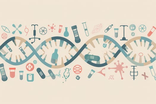 A double helix DNA strand is illustrated amid various medical icons, including microscopes and test tubes, highlighting the intersection of genetics and healthcare.