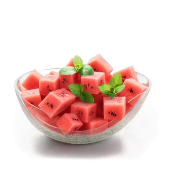 Watermelon and mint salad with watermelon cubes mint leaves lime juice and a sprinkle of. close-up food, isolated on transparent background