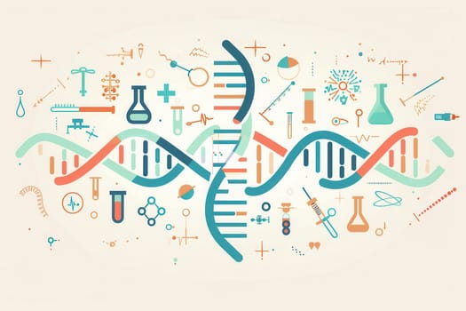 A double helix DNA strand is surrounded by various medical icons, showcasing key tools used in scientific research and healthcare.