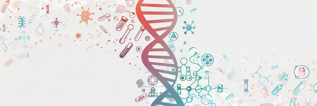 A detailed double helix DNA strand is surrounded by various medical icons, including microscopes, test tubes, and stethoscopes, illustrating biomedical research.