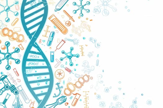 A vibrant double helix DNA strand is surrounded by various medical icons like microscopes, test tubes, and stethoscopes, symbolizing scientific exploration in health.