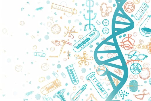 A double helix DNA strand is surrounded by medical icons such as microscopes, test tubes, and stethoscopes, illustrating the connection between genetics and healthcare.