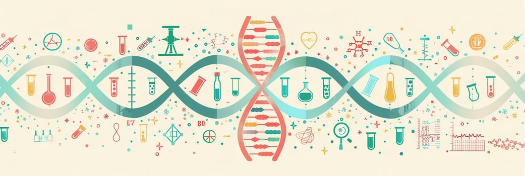 A double helix DNA strand is surrounded by various medical icons including microscopes, test tubes, and stethoscopes in a laboratory setting.