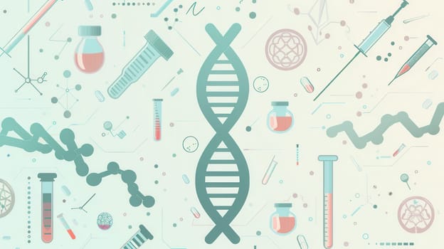 A central DNA strand is encircled by icons like microscopes, test tubes, and stethoscopes, showcasing the connection between genetics and medical research.