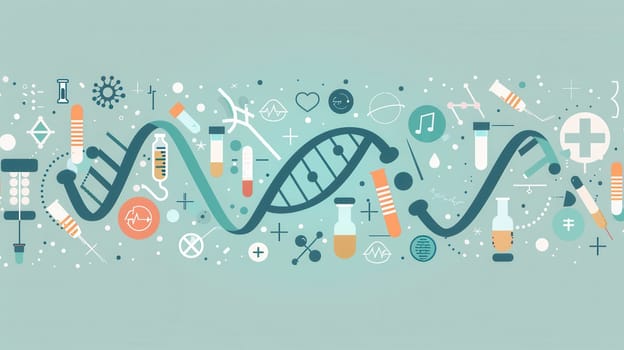 A double helix DNA strand is surrounded by various medical icons representing advancements in health and scientific research.