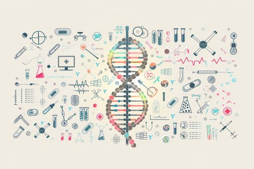 A double helix DNA strand surrounded by medical icons like test tubes, microscopes, and stethoscopes representing scientific research and healthcare.