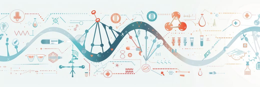 A double helix DNA strand is illustrated alongside various medical icons representing research tools and healthcare advancements.