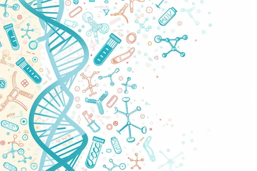 A double helix DNA strand is surrounded by medical icons including microscopes, test tubes, and stethoscopes, symbolizing the intersection of biology and medicine.