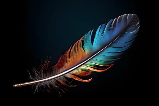 A stunning feather displays a blend of vibrant colors, showcasing shades of blue, orange, and green. The feather stands out beautifully against a dark background, emphasizing its delicate details and intricate patterns.