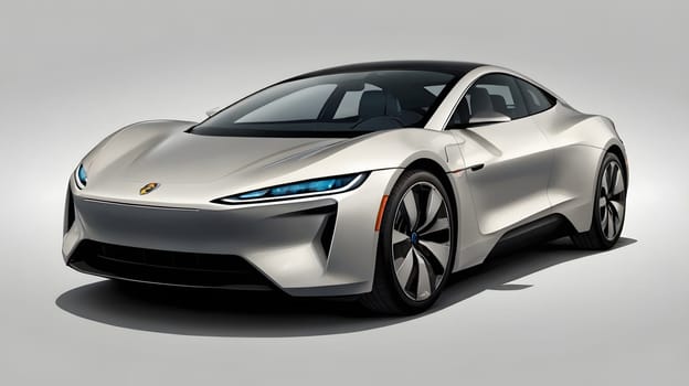 A futuristic electric car is prominently displayed in a modern studio environment, highlighting its sleek lines and innovative design features. The car's streamlined body and striking blue headlights create a captivating visual appeal, showcasing the evolution of automotive technology.