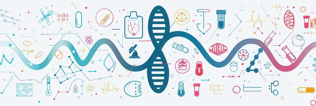 A double helix DNA strand is prominently displayed, surrounded by various medical icons like microscopes, test tubes, and stethoscopes.