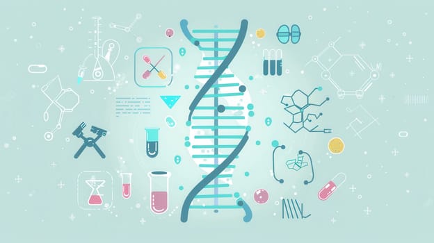 A double helix DNA strand is highlighted amidst various medical icons like microscopes and test tubes, showcasing the essence of genetic research and healthcare.