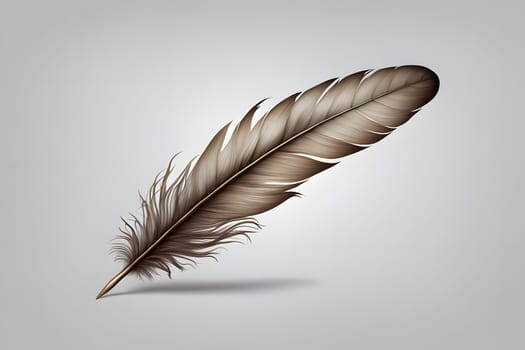 A delicate brown feather showcases its intricate fronds and soft texture, positioned gracefully against a smooth gray background. The gentle curves and fine details of the feather highlight its natural beauty, evoking a sense of tranquility and artistic inspiration.