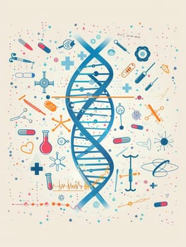 A vibrant double helix DNA strand is encircled by various medical symbols, illustrating the connection between genetics and health-related research.