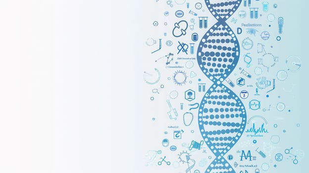 A double helix DNA strand is at the center, surrounded by various medical icons like microscopes, stethoscopes, and test tubes, symbolizing medical research.