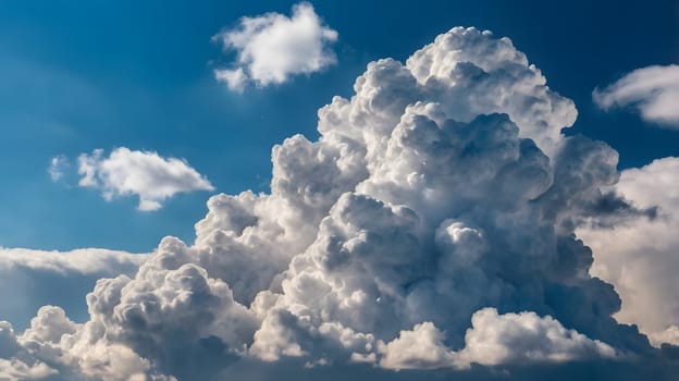A stunning display of cumulo nimbus clouds fills the sky, showcasing intricate textures and shapes. The vibrant blue background contrasts beautifully with the fluffy white formations, creating a captivating natural spectacle.