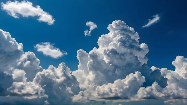 A vibrant, sunny day features an expanse of fluffy white clouds, creating a stunning contrast against the deep blue sky. The clouds appear billowy and dynamic, illustrating the beauty of summer weather.
