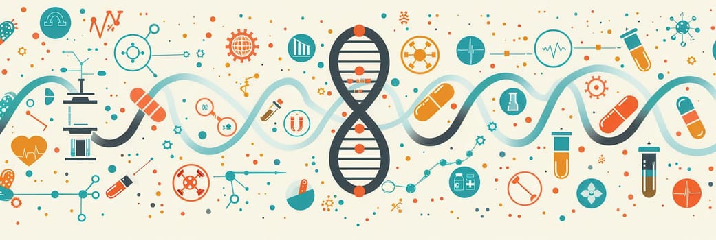 A double helix DNA strand is surrounded by various medical icons, highlighting the intersection of genetics and modern medicine through scientific tools.