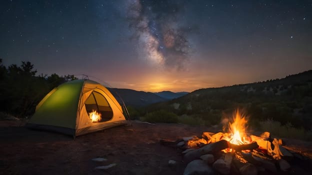 A bright green tent sits near a crackling campfire in a serene mountain landscape. The night sky is illuminated by countless stars and the Milky Way stretches across, creating a breathtaking view. This tranquil outdoor setting invites relaxation and a connection with nature.