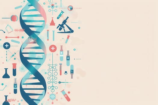 A vibrant double helix DNA strand is surrounded by medical icons, including microscopes, test tubes, and stethoscopes, representing healthcare research.
