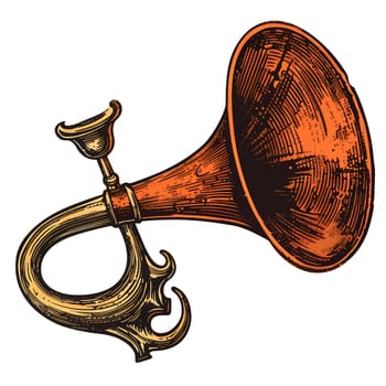 A large orange trumpet with a gold handle. The trumpet is drawn in a very detailed and artistic style