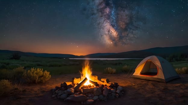 A serene camping spot features a glowing campfire surrounded by rocks, illuminating the dark terrain. A tent is pitched nearby, while a stunning view of the starry sky showcases the Milky Way above. The peaceful atmosphere invites relaxation and connection with nature.