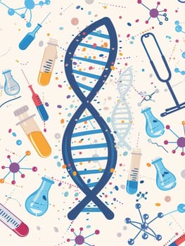 A double helix DNA strand is prominently featured among various medical icons like microscopes, test tubes, and stethoscopes.