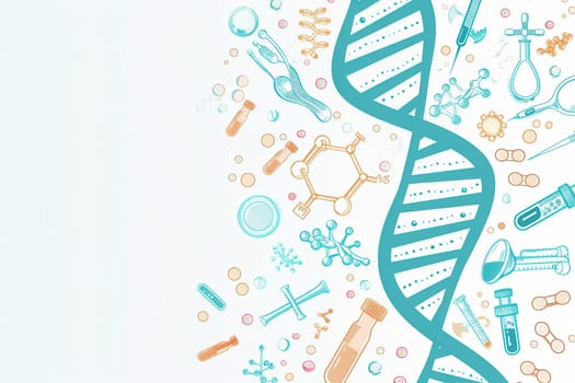 A double helix DNA strand is illustrated among various medical icons, highlighting tools and elements of scientific research and healthcare.