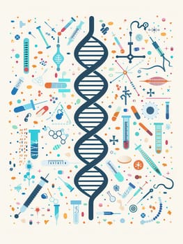 A double helix DNA strand is surrounded by various medical icons, illustrating the connection between genetics and medical science.