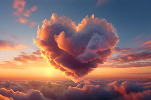 A breathtaking view showcases heart-shaped clouds illuminated by the warm glow of the setting sun, creating a romantic atmosphere above a soft blanket of clouds. The vibrant hues of orange and pink fill the sky, enhancing the enchanting quality of the moment.