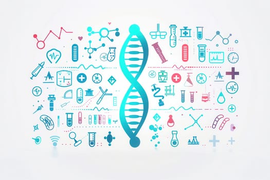 A double helix DNA strand is prominently featured, surrounded by various medical icons symbolizing health sciences and laboratory research.