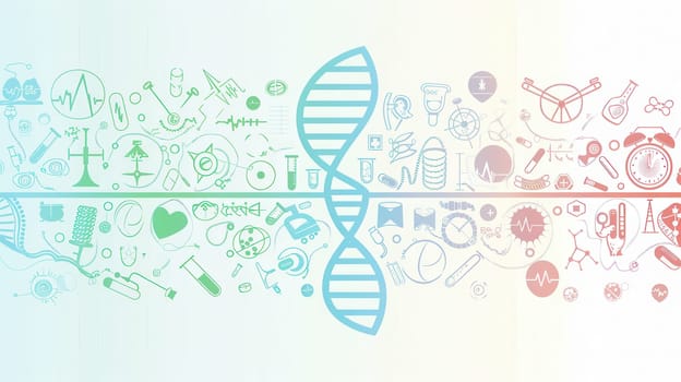 A double helix DNA strand is encircled by various medical icons, showcasing scientific research and innovative healthcare solutions.