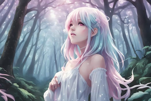 A young woman with pastel-colored hair stands in a mystical forest, gazing upwards. Soft light filters through the trees, illuminating her delicate features as she embraces the serene atmosphere. The whimsical surroundings create an enchanting backdrop, enhancing the magical moment.