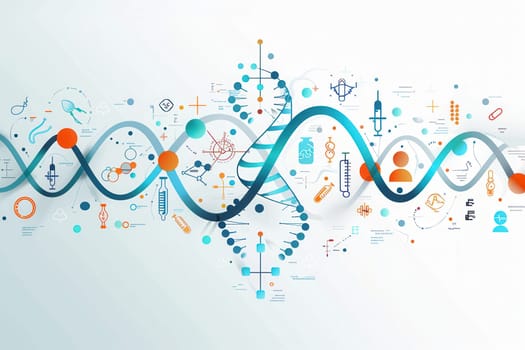 A vibrant double helix DNA strand is showcased with various medical icons, representing the connection between genetics and healthcare.