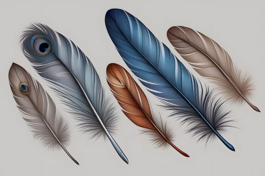 A selection of beautifully illustrated feathers showcases a variety of colors, shapes, and textures. The arrangement highlights the intricate details and vibrant hues, making the feathers appear lifelike against a soft, neutral background.
