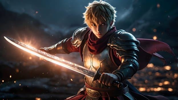 A skilled warrior stands poised in a mystical landscape, gripping a glowing sword. The warm light illuminates his armor, highlighting intricate details. Dark clouds loom overhead, while embers float in the air, creating an intense atmosphere as the warrior prepares for battle.