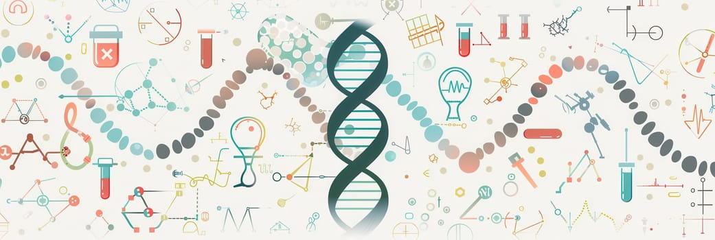 A double helix DNA strand is highlighted, surrounded by medical icons like microscopes, test tubes, and stethoscopes representing scientific exploration.