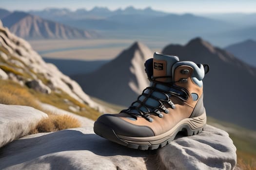A hiking boot is positioned on a rugged rock surface, showcasing its durability and design, with a panoramic mountain landscape visible in the background. The light of a clear day enhances the scenic beauty of the outdoor environment, inviting adventure.