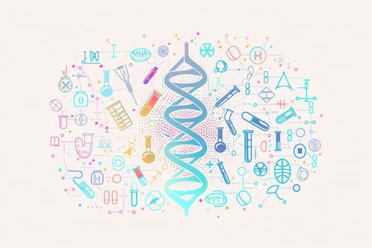 A colorful double helix DNA strand is beautifully surrounded by various medical icons, illustrating the intersection of genetics and healthcare.