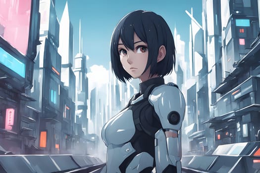 A female android stands confidently in a vibrant cyberpunk city, surrounded by towering skyscrapers and neon lights. The dusk sky casts a dramatic glow, highlighting her sleek armor. This captivating moment captures the blend of technology and urban life, showcasing a unique character against a stunning futuristic backdrop.