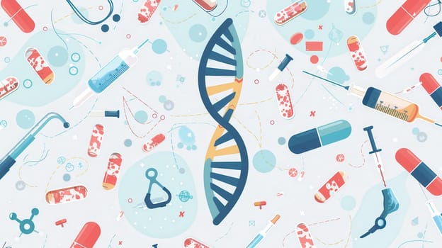 A vibrant double helix DNA strand appears amid assorted medical icons like microscopes and test tubes, representing the intersection of science and health.