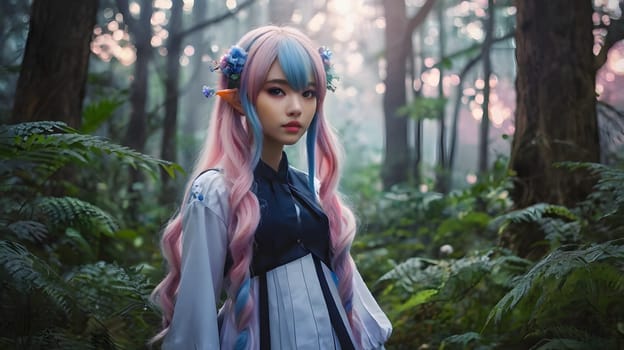 A young woman dressed in a vibrant, elaborate costume stands in a dense, fog-covered forest. Surrounded by tall trees and lush greenery, she gazes into the distance, with soft light filtering through the leaves, creating a magical atmosphere. Her hair features striking colors and accessories that enhance the enchanting setting.