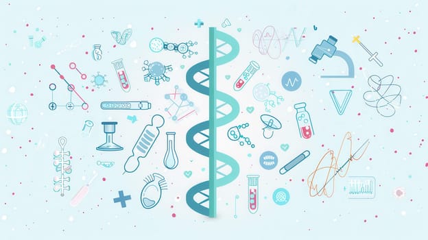 A double helix DNA strand is surrounded by various medical icons, showcasing the connection between genetics and healthcare advancements.