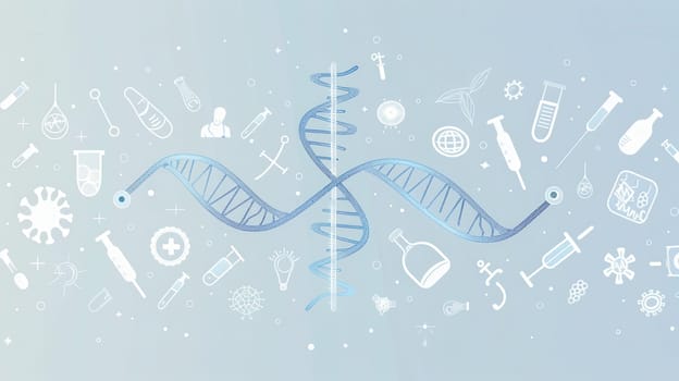 A double helix DNA strand is encircled by various medical icons including test tubes and stethoscopes, representing scientific discovery and health innovation.